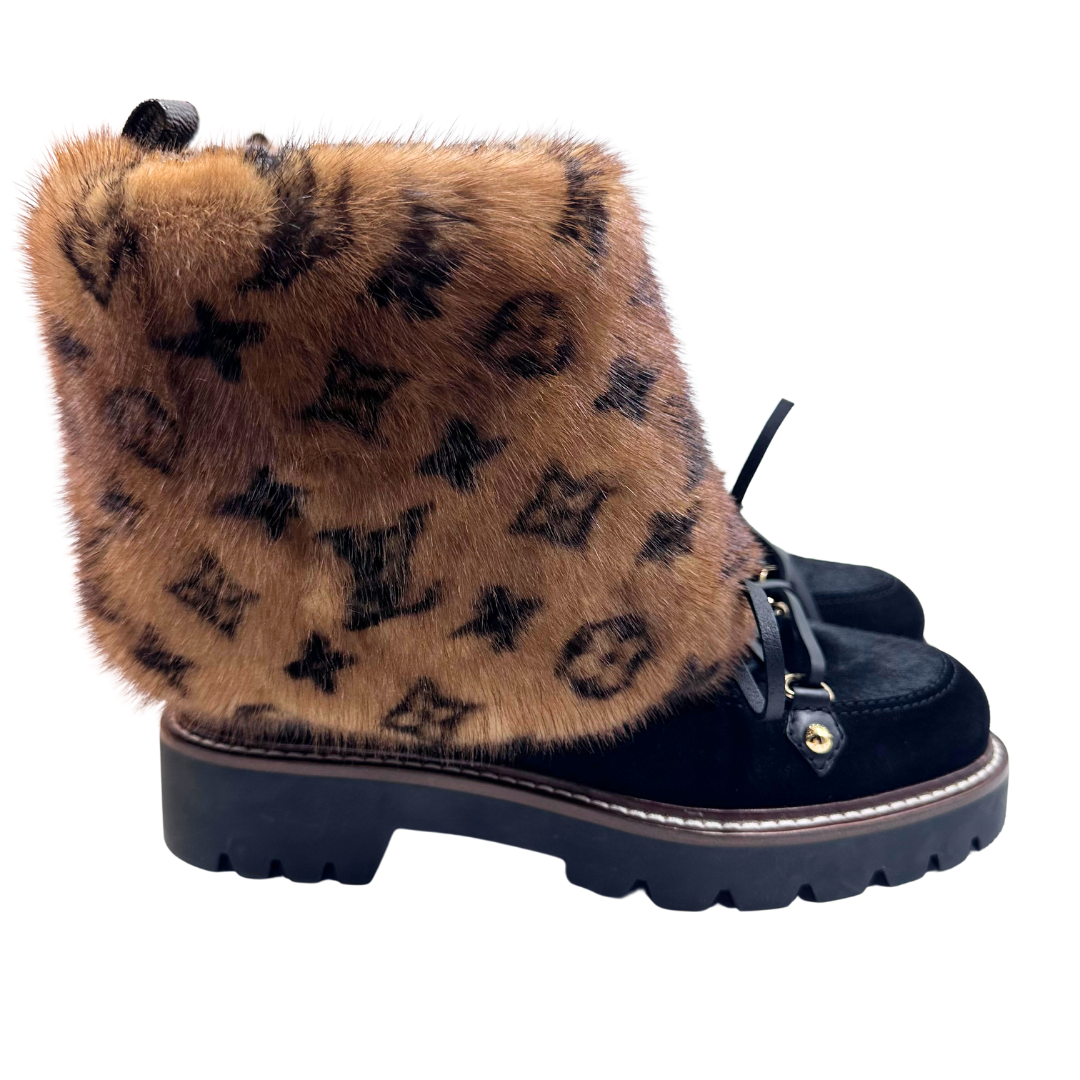 Louis Vuitton 37 Black/Brown mink fur/suede/coated canvas Boots