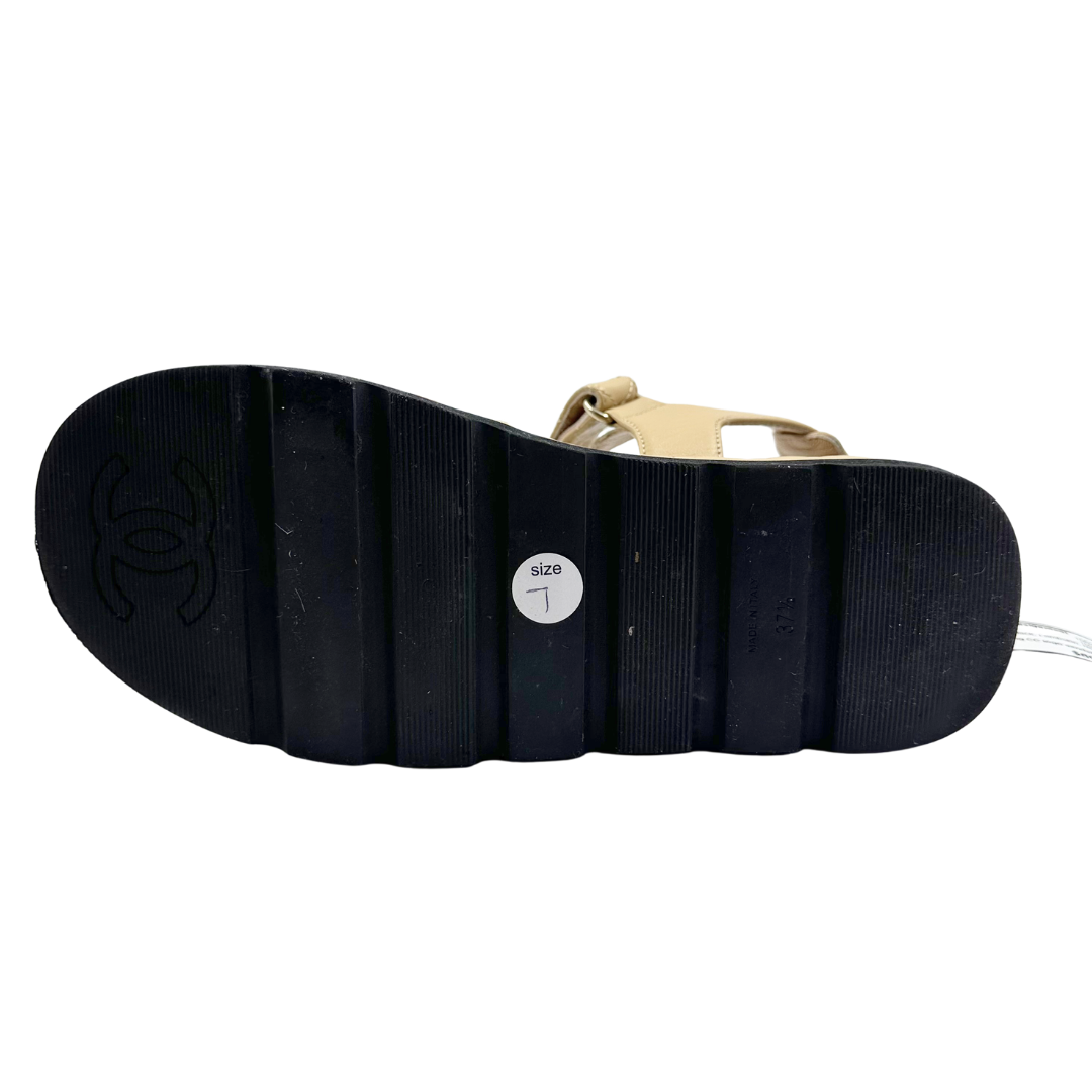 Chanel 6.5/7 37.5 Tan/Black Lambskin Sandals