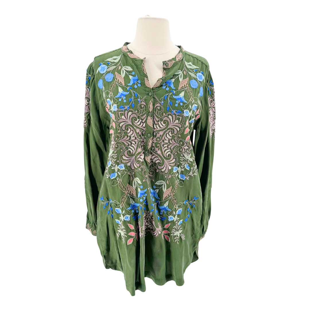 Johnny Was Green Floral Blouse