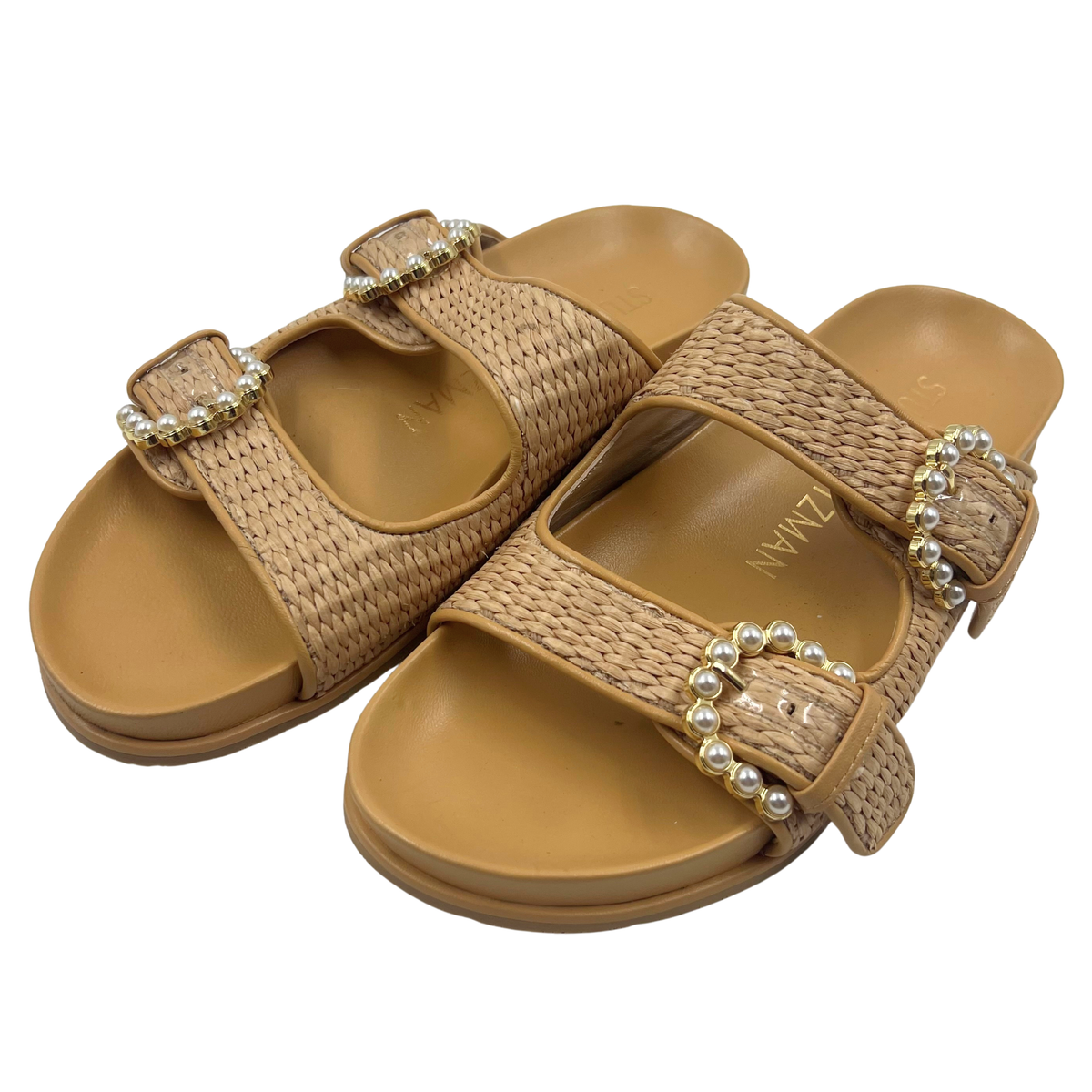Stuart Weitzman 5 36 Tan/Pearl Faux Leather Slides