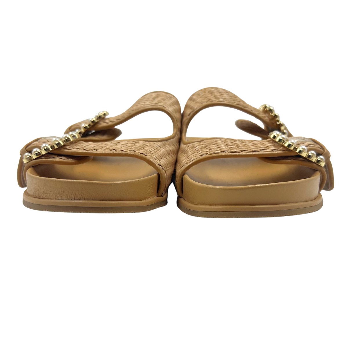 Stuart Weitzman 5 36 Tan/Pearl Faux Leather Slides