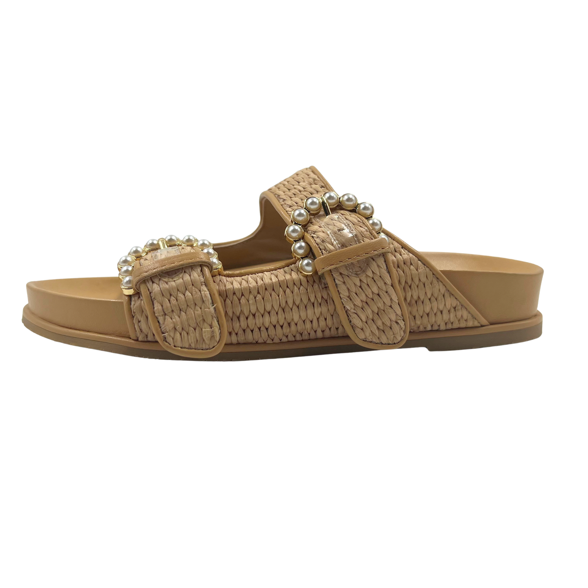 Stuart Weitzman 5 36 Tan/Pearl Faux Leather Slides