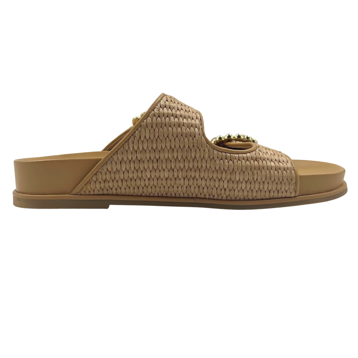 Stuart Weitzman 5 36 Tan/Pearl Faux Leather Slides