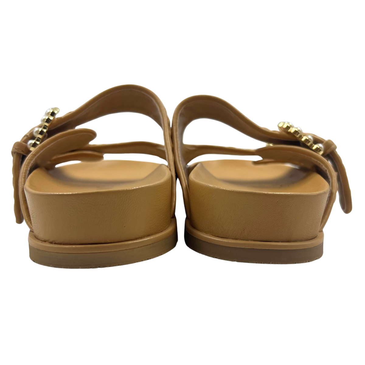 Stuart Weitzman 5 36 Tan/Pearl Faux Leather Slides