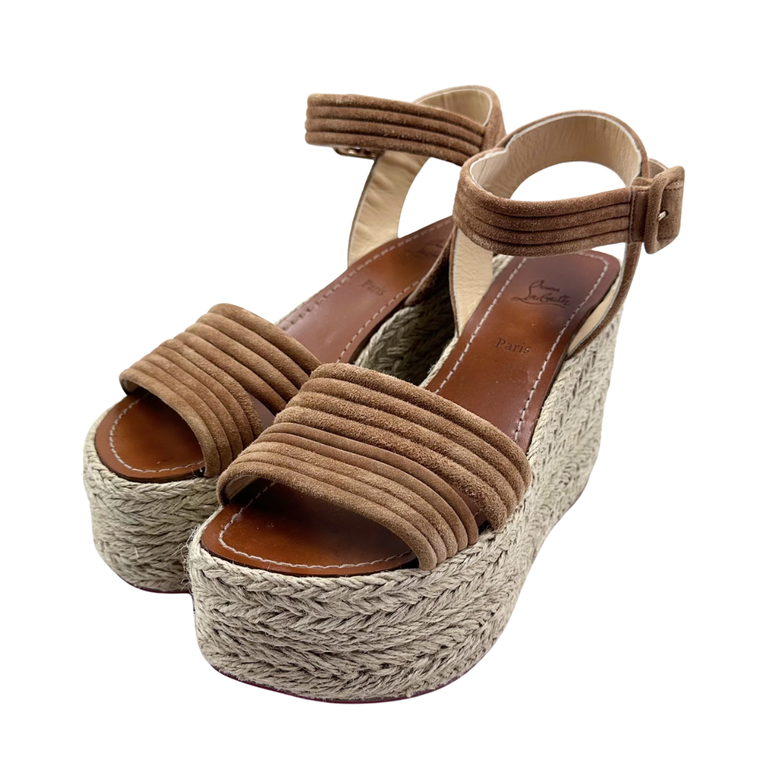Christian Louboutin 37 Tan/Brown Suede/Raffia Wedges