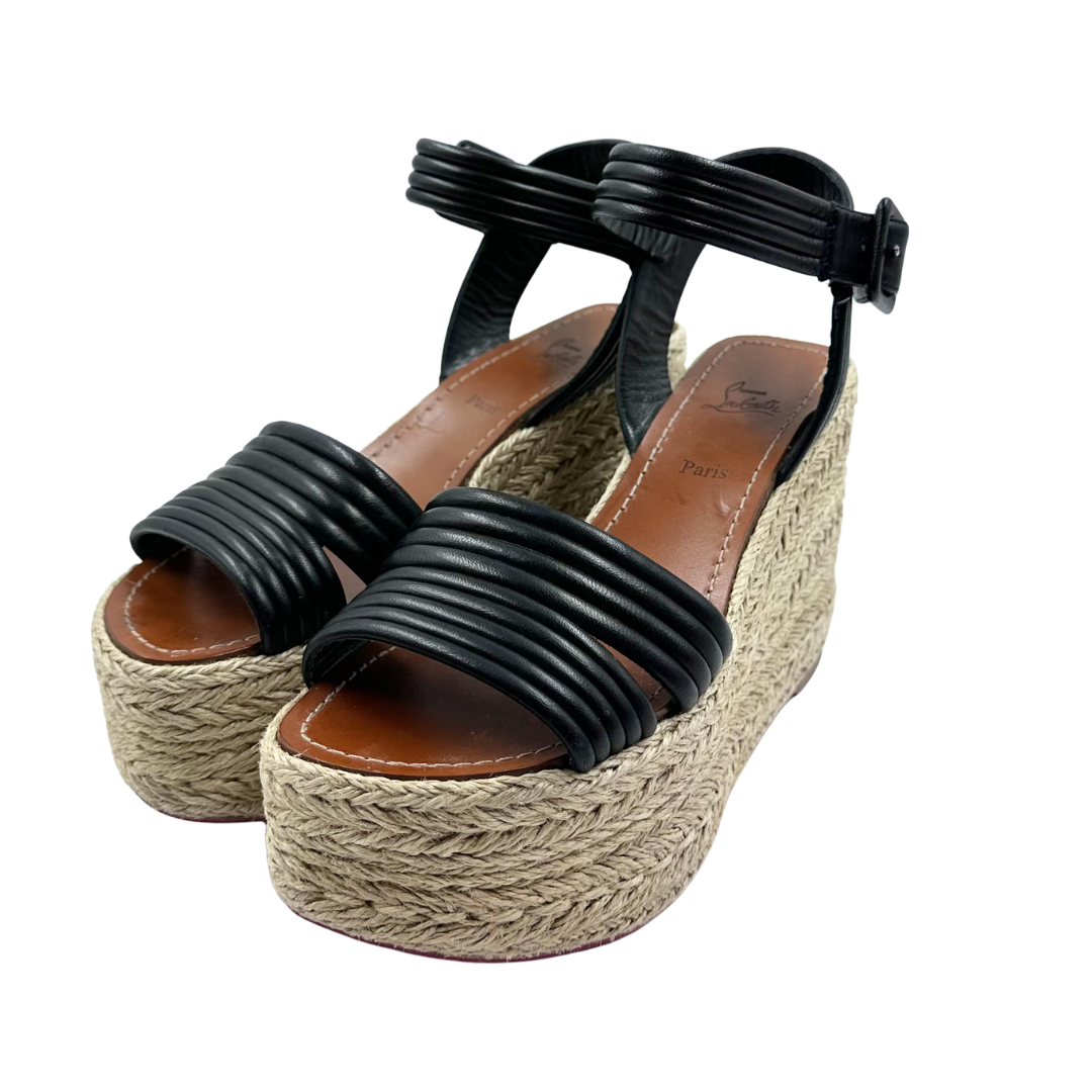 Christian Louboutin 37 Tan/Black Raffia/Leather Wedges