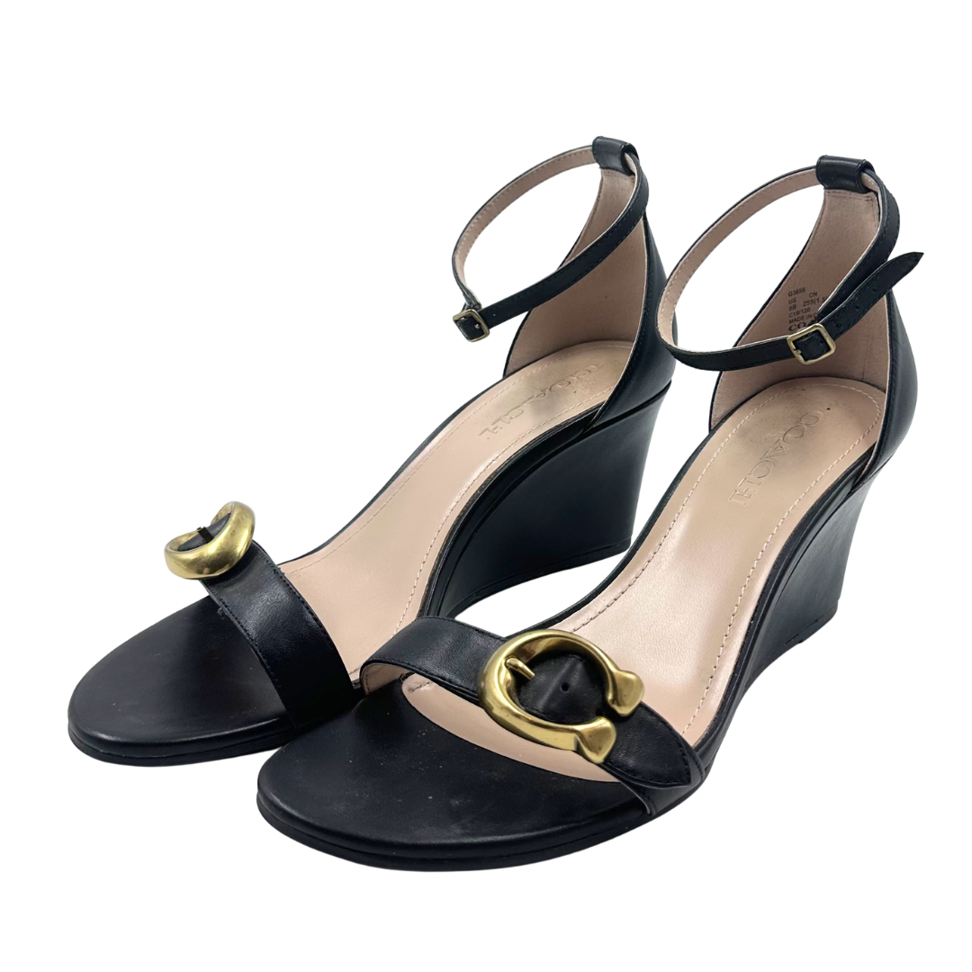 Coach 9 39.5 Black Leather Wedges