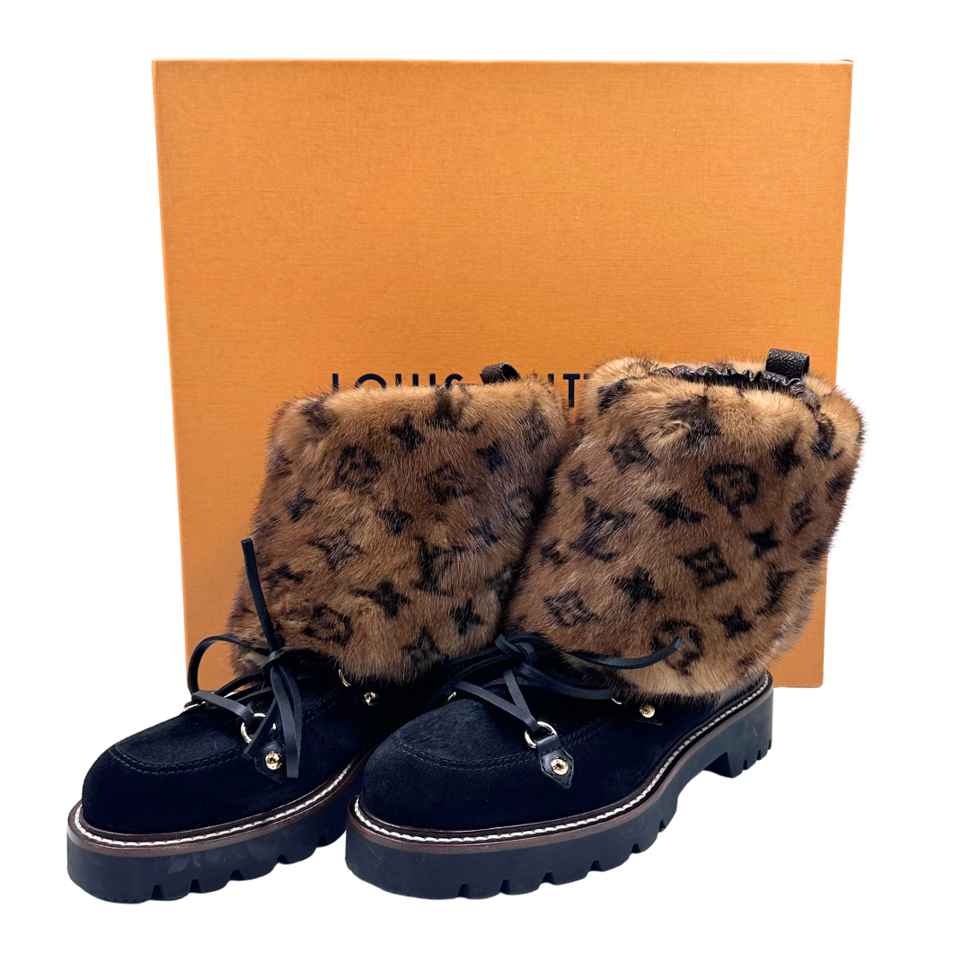 Louis Vuitton 37 Black/Brown mink fur/suede/coated canvas Boots